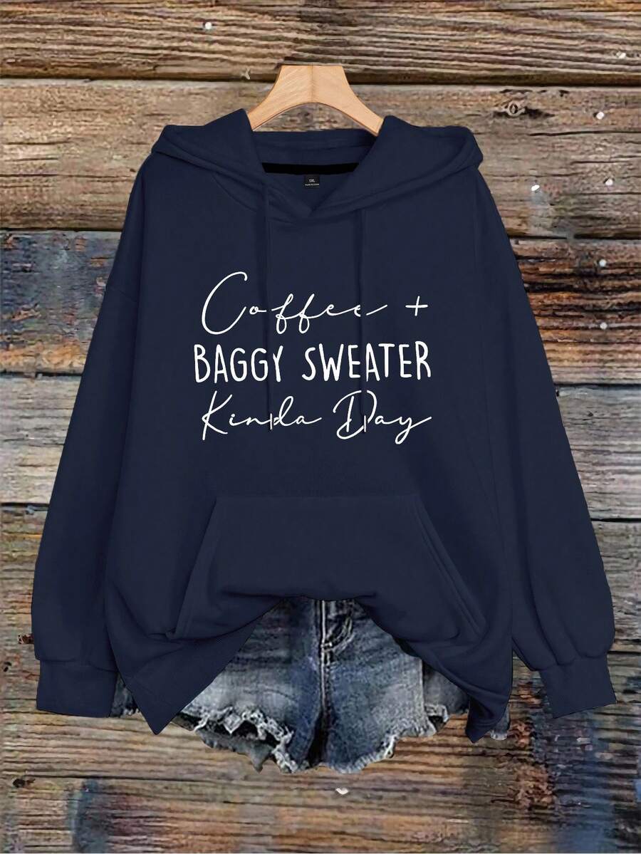 EMERY ROSE Plus Size Women's Letter Printed Drawstring Sweatshirt Pullover Fall Winter Autumn - Navy Blue - View 1