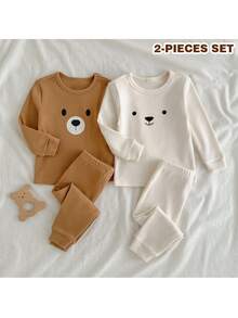 Loomiva 4pcs Baby Boy Snug Fit Pajama Set, Cartoon Bear Print Soft Knit Crew Neck Long Sleeve Top And Elastic Waist Long Pants Graphic Fall Winter
