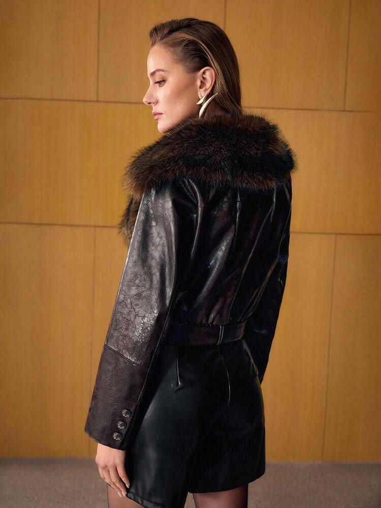 PU LEATHER CONTRAST FAUX FUR JACKET