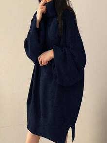 Almamuse Women's Solid Color High Neck Dropped Shoulder Long Sleeve Loose Knit Sweater Dress, Autumn/Winter - Navy Blue - View 6