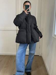 DAZY 女式简约纯色束腰V领保暖棉服外套 - 黑色 - 查看 4