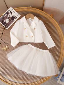 SHEIN Babygirl 优雅白色夹克和薄纱裙套装，秋冬 - 白色 - 查看 3