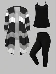 EMERY ROSE Plus Size Retro Wave Print 3 PiecesCasual Set - Multicolor - View 3