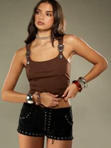 MISSGUIDED Áo ba lỗ dây khóa kiểu phương Tây với vải gân cho mùa hè thường ngày - Cà phê nâu - Xem 1