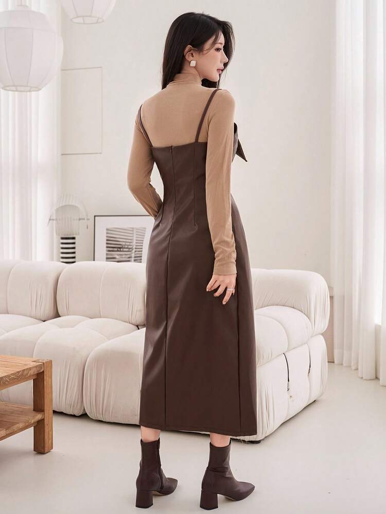 Women's Elegant Solid Color Pleated Slit Slip Dress With PU, Mid-Length, Autumn