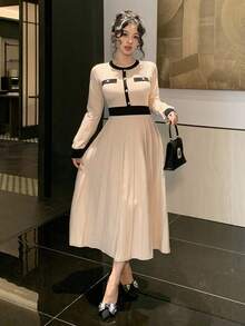 DAZY Women's Elegant Colorblock Round Neck Sweater Dress, Autumn