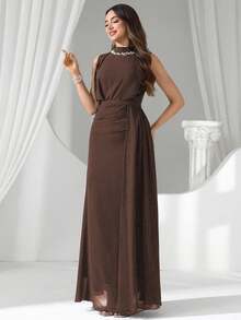 Coutiva 奢华亮片珍珠领晚礼服，高端礼服，优雅气质 - 咖啡棕 - 查看 1