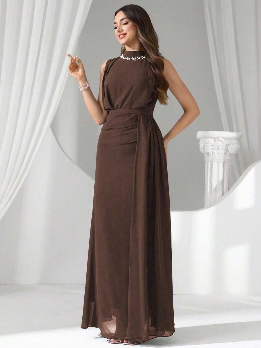 Coutiva 奢华亮片珍珠领晚礼服，高端礼服，优雅气质 - 咖啡棕 - 查看 1