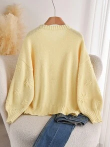 CosyJoli 大码女式休闲纯色圆领长袖套头毛衣针织毛衣黄色毛衣秋冬女装 - 米色 - 查看 2
