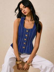 Poéselle 新款女式牛仔上衣 方领吊带上衣 金属扣装饰 后腰荷叶边下摆上衣 秋季服装 深蓝色牛仔上衣 法式优雅时尚街头日常旅行装 皇家蓝上衣女装 蓝色夏季上衣女装 牛仔上衣 女式牛仔上衣 蓝色牛仔上衣女装 - 深色水洗藍 - 查看 7