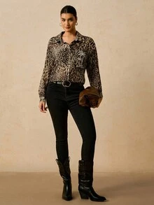 SHEIN VCAY 大码休闲波西米亚豹纹雪纺衬衫裙，带口袋，女式长袖 - 彩色 - 查看 5