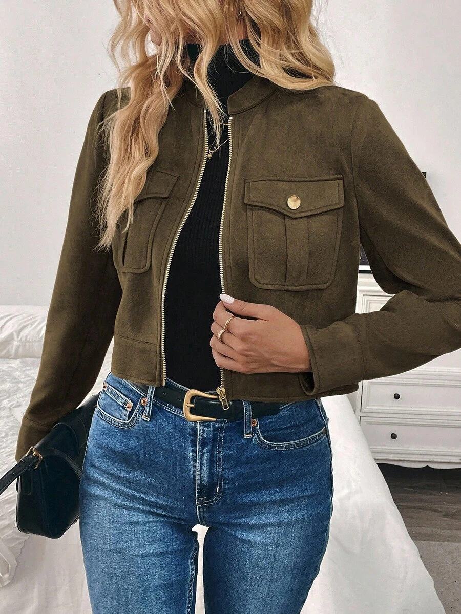 EMERY ROSE 女式秋冬短款军绿色大口袋金属纽扣夹克 - 鏽棕色 - 查看 1