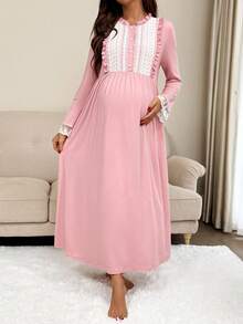 Slowluna Vestido de maternidad casual de manga larga con aplicaciones de encaje y adornos florales - Rosa - Ver 6