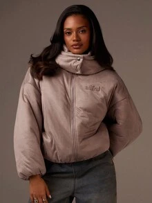 Athîral Women's Taupe Padded Outerwear Coat | Plush Microfiber Shell, Oversized Boxy Fit, High Stand Collar With Hood, Full-Length Sleeves, Minimalist Zip Front & Snap Closure, Quilted  Structure For Winter Warmth, Branded Brushed Peached High Neck Puffer Coat, Sporty, Winter Warm, New Year, Women's Winter Coat - Grey - View 3