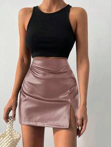 EURMUSE Women's Solid Color Minimalist Elegant Short Skirt, Everyday Wear - Rusty Rose - View 3