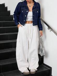 SHEIN 少女深蓝色牛仔翻领长袖短款夹克 - 深色水洗藍 - 查看 3