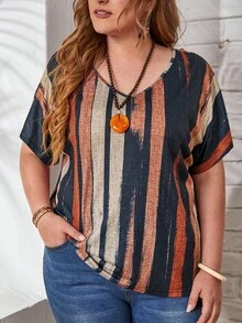 EMERY ROSE Plus V-Neck Striped Tee, Summer,Spring/Vacation - Multicolor - View 1