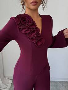 Elenzga Women's Elegant Burgundy Crossover Tie-Waist Floral Patchwork French Chic A-Line Long Sleeve Blouse And Flared Pants 2 Pieces Set, Spring/Autumn - Burgundy - View 5