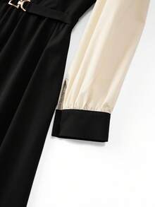 GlowEve CURVE 大码女式 V 领黑色纯色金属纽扣拼接杏色长袖金属扣腰带通勤休闲优雅 A 字连衣裙，秋冬