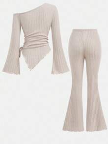 SHEIN Girlism Teen Girls Apricot Drawstring Asymmetric Hem Flared Sleeve T-Shirt And A Two Pieces Flared Pants Suit,Off Shoulder T-Shirt,Fall Girl Clothes,Comfortable T-Shirt Suit Winter - Apricot - View 2