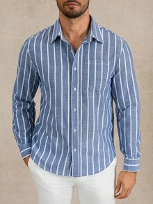 Manfinity Homme Men's Striped Casual Long Sleeve Shirt, Autumn/Winter