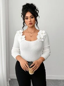 Elenzga كنزة صوفية تريكو أنيقة وعملية ذات طبعة زهرية للمقاسات الكبيرة