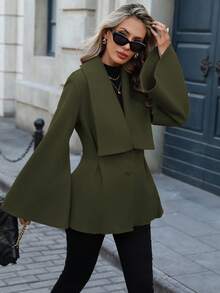 EMERY ROSE 女士优雅通勤休闲法式翻领 V 领双排扣开腰 A 字褶喇叭袖宽松袖口长袖羊毛大衣，适合春秋冬季 - 軍綠色 - 查看 7