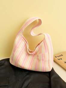 Joivida 大容量女士布质手提包、单肩包、休闲条纹布质手提包 - 粉色 - 查看 2