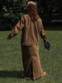 DAZY Western Cowgirl Distressed Washed Loose Long Sleeve Collared Shacket, Straight Skirt Casual Street Style Set For Women, Autumn/Winter - Coffee Brown - View 2