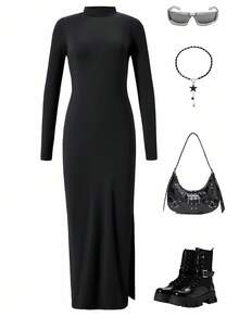 女童优雅修身简约立领长袖开衩下摆连衣裙 - 黑色 - 查看 5