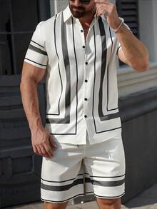 Manfinity Mode 男士撞色条纹前开襟纽扣修身短袖休闲衬衫，适合夏季度假穿着。 - 彩色 - 查看 5