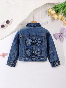 Elladie kids 1pc Girls Casual Denim Jacket With Bow Decor, Light Wash Blue, Comfortable For Daily Wear And Outings Fall Winter Denim Jacket With Bows