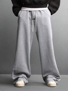 SUMWON Ultra Wide Leg Baggy Sweatpants Fall Winter Cozy Fleece Loungewear Pants Relaxed Fit Elastic Waist Drawstring Streetwear Bottom Plain - Grey - View 3
