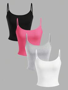SHEIN EZwear 4件套女士短款休闲吊带背心，适合夏季穿着 - 彩色 - 查看 1