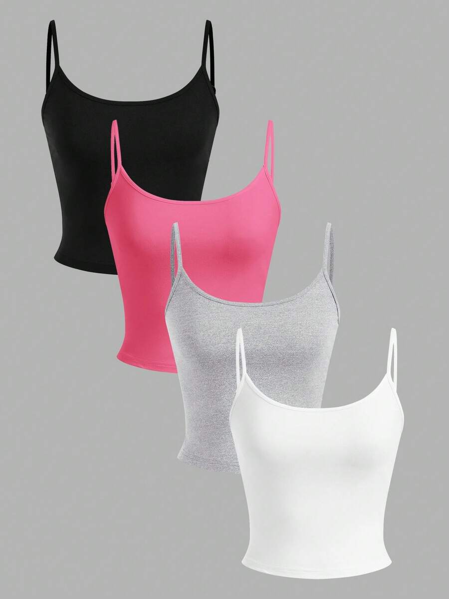 SHEIN EZwear 4件套女士短款休闲吊带背心,适合夏季穿着 - 彩色 - 查看 1