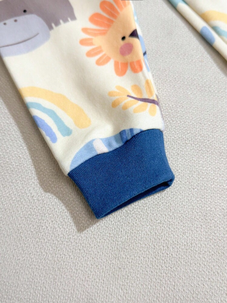 SHEIN 男婴舒适睡衣套装，花卉印花柔软针织圆领长袖上衣和松紧腰长裤 - 彩色 - 查看 7