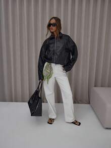 MUSERA 高领拉链落肩仿皮夹克，可爱优雅性感街头风，适合夜间外出和冬季派对。 - 綠色 - 查看 3