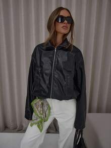 MUSERA 高领拉链落肩仿皮夹克，可爱优雅性感街头风，适合夜间外出和冬季派对。 - 綠色 - 查看 5