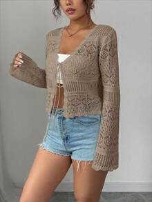 Elenzga 女士休闲镂空系带长袖钩针开衫，适合夏季度假 - 杏色 - 查看 4