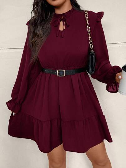 SHEIN Frenchy Vestido de moda de manga larga con cuello de lazo y volantes de unicolor para mujer de talla grande