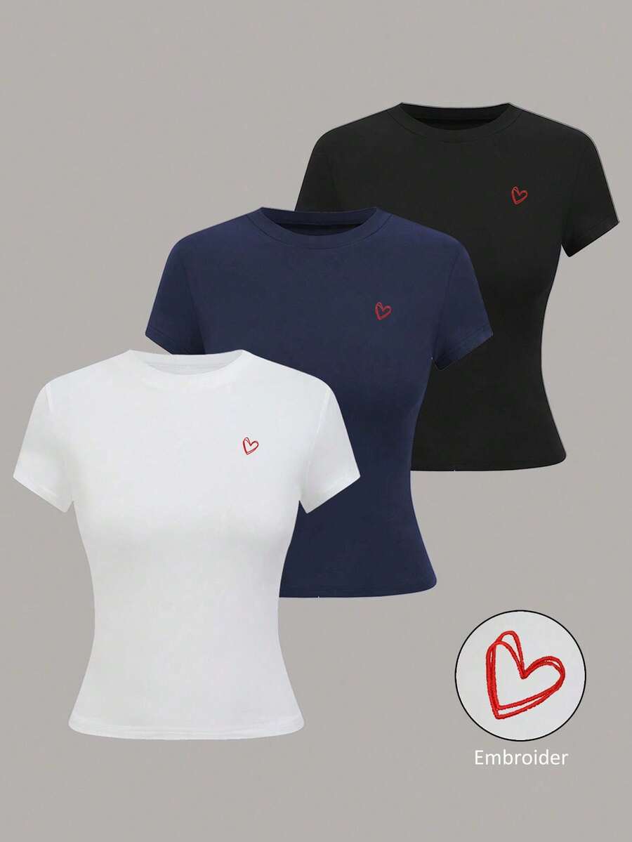 SHEIN Áo thun tay ngắn cổ tròn thêu hình trái tim 3 chiếc dành cho nữ - Nhiều màu - Xem 1