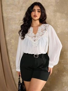 Roveilla 大码女式法式蕾丝花边雪纺衬衫 - 杏色 - 查看 5