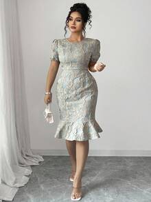 Elenzga Plus Size Round Neck Short Sleeve Textured Embroidered Floral 3D Pattern Fitted Waist French Style Elegant Commuter Slimming Fishtail Dress, Olive Green