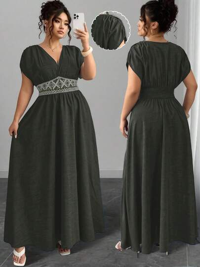 Elenzga Plus Size Women's Casual Maxi Dress With Waist Embroidery, Paisley Print, Bohemian V-Neck, Ruched Shoulder, Cinched Waist, Slimming, Elegant For Outings, Afternoon Tea, Gatherings, Daily, Vacation