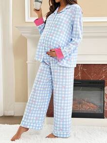 SHEIN 2pcs Maternity Casual Loose Long Sleeve Top And Pants Set,Maternity Pjs ,Loungewear,Nightgown,Sleepwear Set Plaid Pajamas Women Nightwear Maternity Sleepwear Sleep Wear Women Bow Print Pajama Set - Blue - View 4