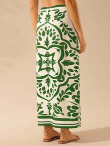 CAJUNI Váy dài xẻ tà in họa tiết Boho cổ điển thường ngày dành cho nữ - màu xanh lá - Xem 2
