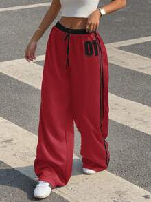 SHEIN EZwear 大码女式抽绳腰部数字印花侧条纹阔腿宽松休闲裤 - 紅色 - 查看 4