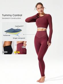 GLOWMODE 28" FeatherFit™-Warm High Waist Leggings With Side Pockets Low Impact Yoga Pilates Daily Autumn Winter - Burgundy - View 2