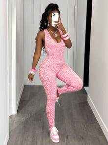 Slaydiva 1 件女式豹纹瑜伽短款连体裤 - 彩色 - 查看 2