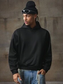 AXEPEAK 男式落肩宽松长袖休闲百搭连帽衫，背面有图案印花，羊毛，秋冬 - 黑色 - 查看 6